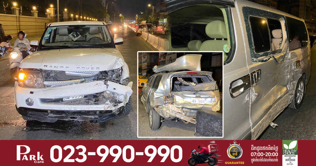 ចិនផឹកស្រវឹងបើករថយន្ត Ranger Rover បោះពួយលឿនដូចហោះជ្រុលទៅបុកគូទរថយន្ត Highlander ខ្ទាតទៅប៉ះរថយន្ត Starex មួយគ្រឿងទៀតរងការខូចខាតយ៉ាងដំណំ