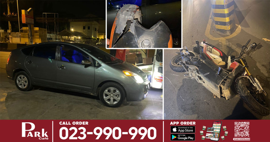 បុរសម្នាក់បើកម៉ូតូបុករថយន្ត PRIUS ដែលកំពុងបត់ត្រលប់ក្រោយ ខ្ទាតម៉ូតូអូសជាប់ក្រោមរថយន្តរាប់រយម៉ែត្រ ត្រូវប្រជាពលរដ្ឋនិងសមត្ថកិច្ចដេញតាមឃាត់បាន