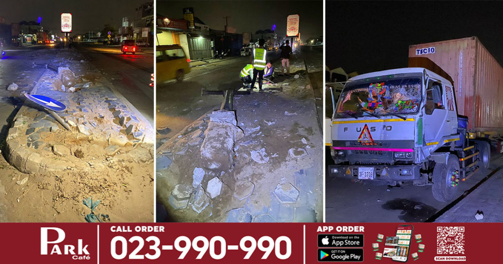 សំណាងណាស់មិនបុកត្រូវមនុស្ស! រថយន្តកុងតឺន័របុករះបង្គោលចរាចរណ៍ បង្គោលប៉ាណូ និងបង្គោលភ្លើងបំភ្លឺផ្លូវ បាក់រាបដល់ដី ហើយចុះពីលើឡានដាក់មេប្រូចបាត់