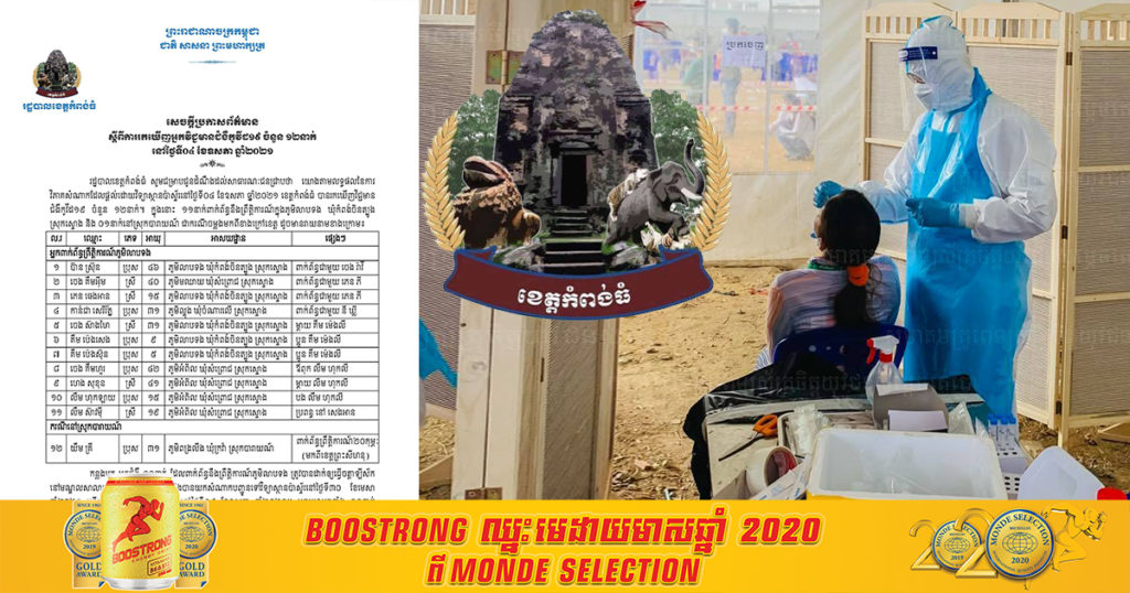 ខេត្តកំពង់ធំ រកឃើញអ្នកឆ្លងកូវីដ ចំនួន១២នាក់បន្ថែមទៀត (១១នាក់ពាក់ព័ន្ធក្នុងភូមិលាបទង និង០១នាក់ទៀតចម្លងមកពីក្រៅខេត្ត)