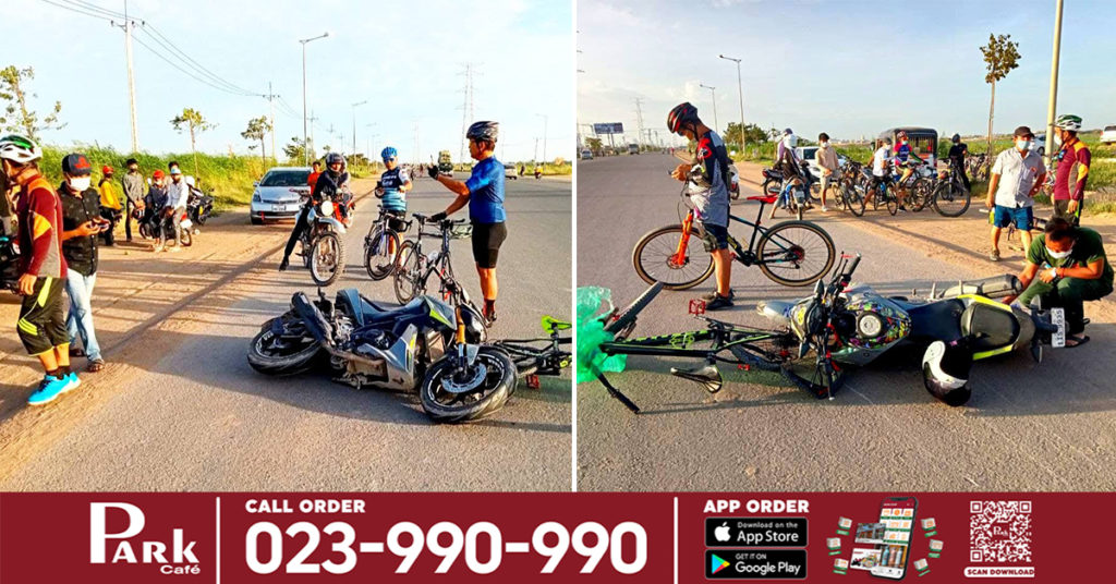 ក្រុមអ្នកជិះកង់ហាត់ប្រាណតាមផ្លូវ៦០ម៉ែត្រ ត្រូវម៉ូតូធំជិះទៅបុកពីក្រោយ បណ្ដាលឲ្យរបួសហើយខូចខាត កង់២គ្រឿង  តម្លៃជិត៣ពាន់ដុល្លារ