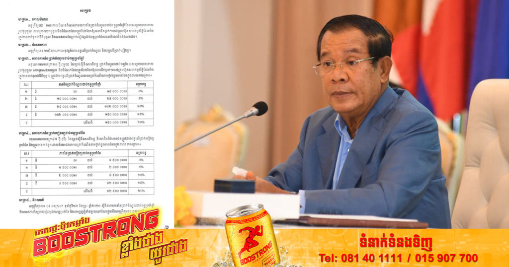 រាជរដ្ឋាភិបាល ចេញអនុក្រឹត្យស្តីពីការកំណត់តារាងភាគនៃប្រាក់ចំណូលជាប់ពន្ធប្រចាំឆ្នាំ និងតារាងភាគនៃប្រាក់បៀវត្សជាប់ពន្ធប្រចាំខែ