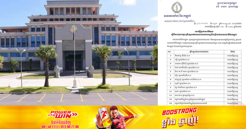 ធនាគារជាតិនៃកម្ពុជា សម្រេចលុបឈ្មោះគ្រឹះស្ថានឥណទានជនបទចំនួន១០៤ ចេញពីបញ្ជី