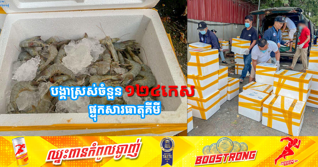 មន្រ្តីជំនាញ ក.ប.ប. រកឃើញបង្គាស្រស់ចំនួន ១២៤កេស ផ្ទុកសារធាតុគីមីហាមឃាត់ ត្រូវបានដកហូតយកកម្ទេចចោល