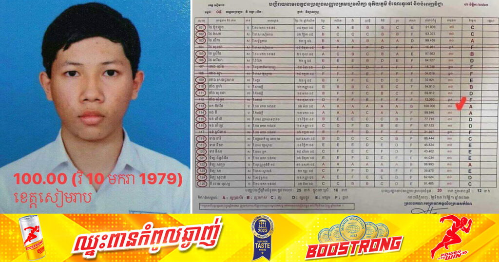 ពូកែណាស់! សិស្សម្នាក់នៅខេត្តសៀមរាប មកពីវិទ្យាល័យ១០មករា១៩៧៩ ប្រឡងបាក់ឌុបជាប់និទ្ទេសA ក្នុងកម្រិតពិន្ទុ១០០ពេញ