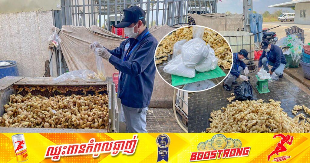 មន្ត្រីជំនាញ ក.ប.ប. ចុះពិនិត្យទីតាំងកែច្នៃខ្ញីហាន់មួយកន្លែង ក្នុងខណ្ឌដង្កោ រកឃើញខ្ញីហាន់រួច និងមើមខ្ញីត្រាំ មានលាយសារធាតុគីមីហាមឃាត់