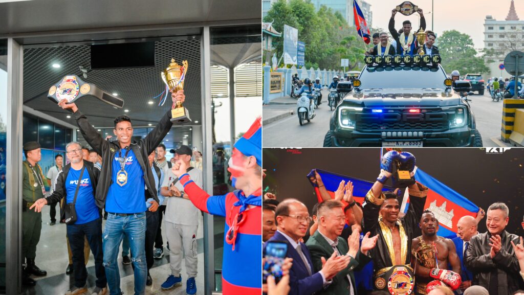 ខ្មែរ ប៊ែវើរីជីស ទទួលស្វាគមន៍យ៉ាងកក់ក្តៅអ្នកលេងជួរមុខគុនខ្មែរ ឈឿង ល្វៃ ដែលបានឈ្នះខ្សែក្រវាត់ពីហុងកុងមកជូនមាតុភូមិ