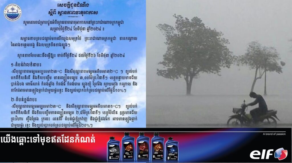 កម្ពុជាអាចនឹងមានភ្លៀងធ្លាក់ពី១០ទៅ២៥ភាគរយ នៃផ្ទៃដីសម្រាប់ថ្ងៃទី២៦ ខែមិថុនា នេះ