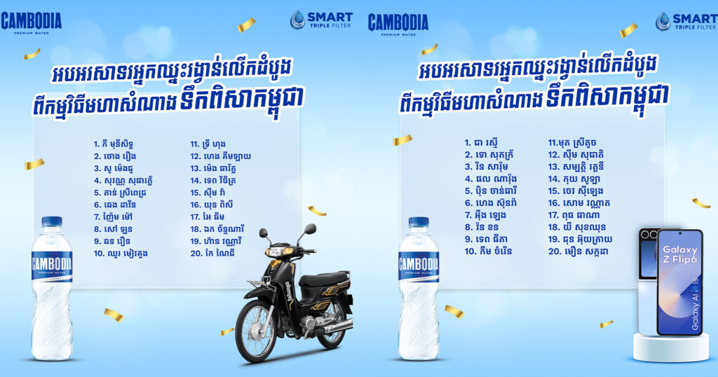 លទ្ធផលចាប់ឆ្នោតលើកទី១ ពី ទឹកពិសាកម្ពុជា រកឃើញអតិថិជនមហាសំណាង ឈ្នះរង្វាន់ម៉ូតូ ២០គ្រឿង និងទូរស័ព្ទ Samsung Galaxy Z Flip 6 ២០គ្រឿង