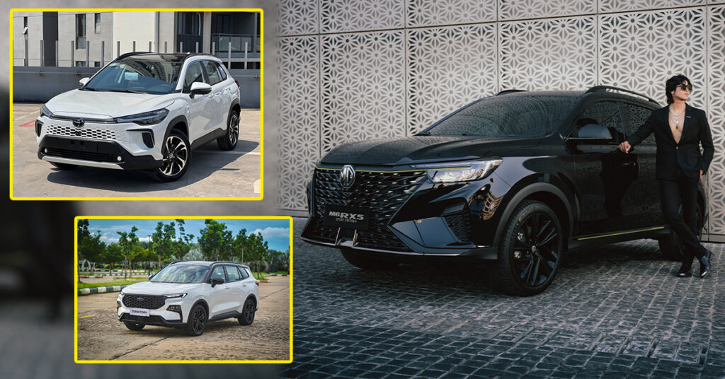 រថយន្ត SUV ចំនួន 3ម៉ូដែល ពីម៉ាករថយន្តកំពូលៗក្នុងប្រទេសកម្ពុជាដែលមានតម្លៃប្រកួតប្រជែងខ្លាំង (រថយន្ត MG RX5 មានតម្លៃ $36,888 ហើយ Ford Territory និង Toyota Corolla Cross មានតម្លៃដូចគ្នា $47,900)