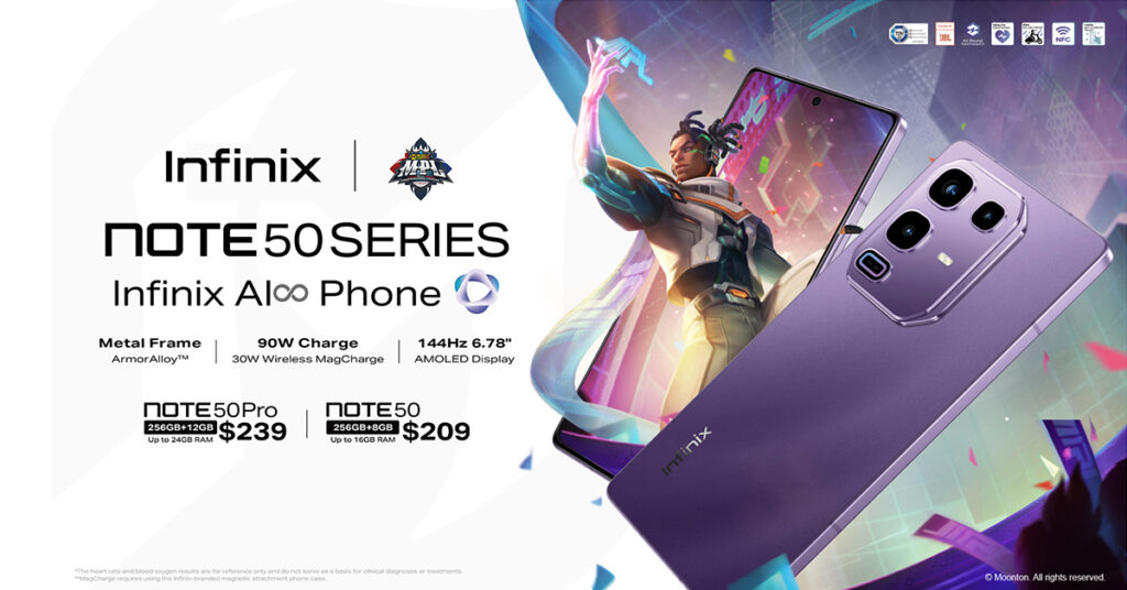 Infinix NOTE 50 Series ស្មាតហ្វូនបំពាក់មុខងារលំដាប់ Flagship, One-Tap Infinix AI ∞ និងការសាកថ្មកម្រិតខ្ពស់ 90W នៃ Note 50 series Collaboration ជាមួយ MLBB បានមកដល់ហើយ!!
