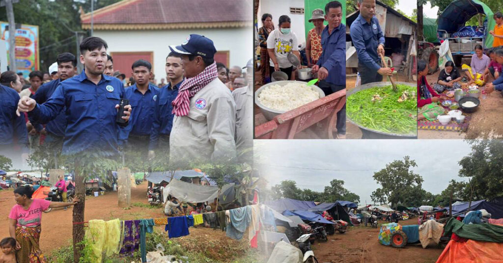 អ្នកឧកញ៉ា ឡេង ណាវ៉ាត្រា កំពុងឈរបញ្ជាផ្ទាល់ដល់ក្រុមការងារសហព័ន្ធយុវជនបូជាការពារយុត្តិធម៌ រៀបចំចម្អិនម្ហូបអាហារផ្គត់ផ្គង់ទាំងស្រុងជូនប្រជាពលរដ្ឋភៀសសឹក ៥ទីតាំងជាង ២ម៉ឺននាក់