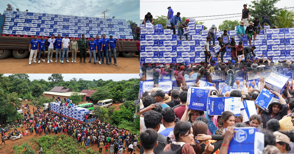 ខ្មែរ ប៊ែវើរីជីស រៀបចំឧបត្ថម្ភទឹកពិសាកម្ពុជាចំនួន ៧៥០០ កេស ចែកជូនប្រជាជននៅតំបន់ភៀសខ្លួន ខេត្តឧត្តរមានជ័យ