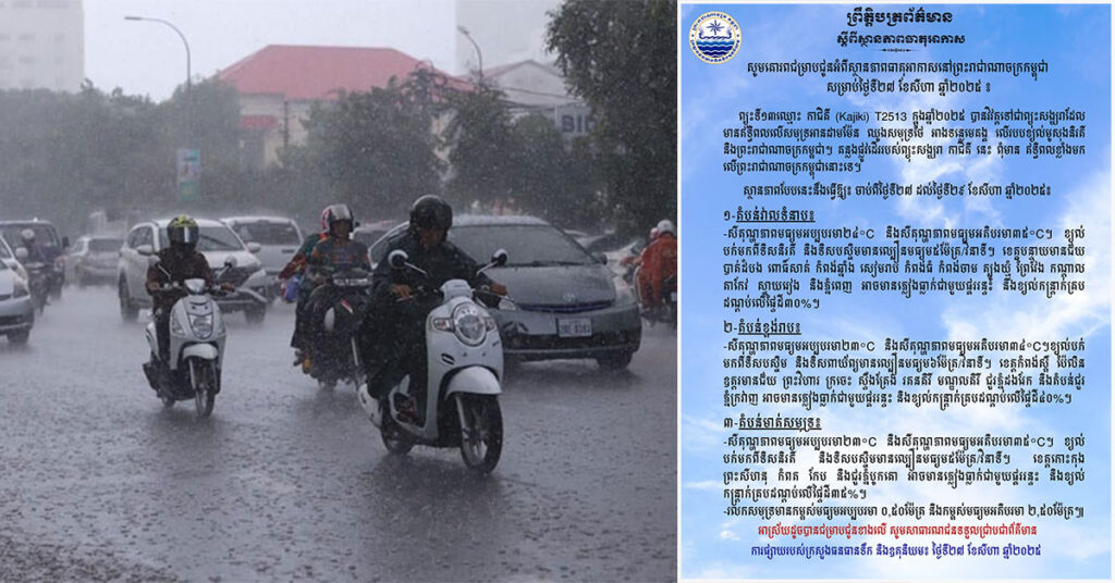 កម្ពុជាទទួលរងឥទ្ធិពលពី ព្យុះទី១៣ ឈ្មោះ ‹‹កាជិគី›› ដែលអាចនឹងមានភ្លៀងធ្លាក់ ខ្យល់កន្ត្រាក់ និងផ្គររន្ទះតាមតំបន់មួយចំនួន