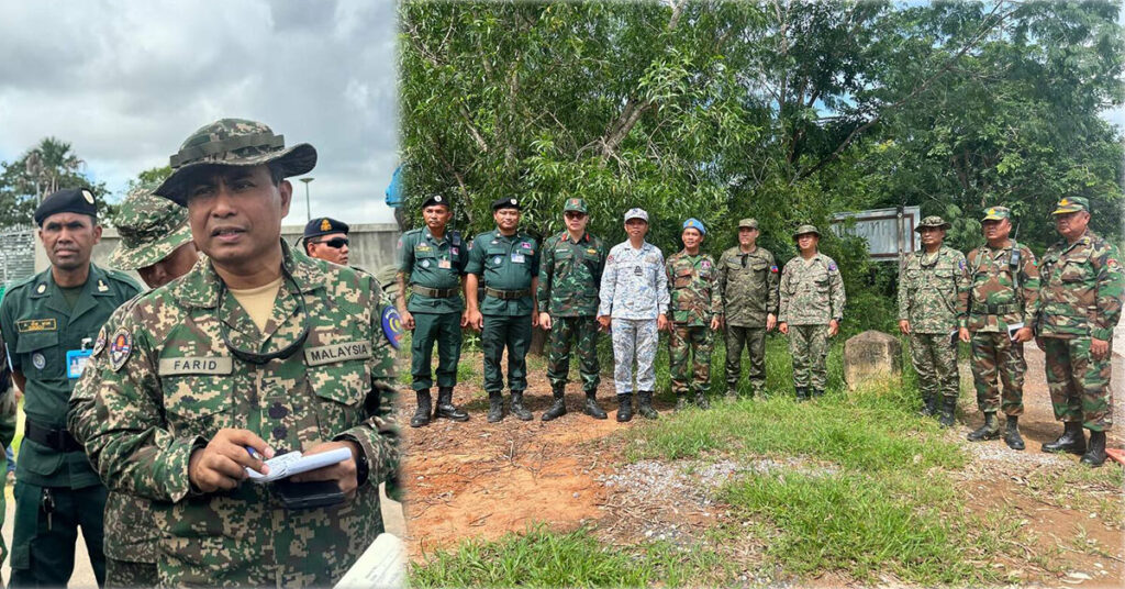 ក្រុមអ្នកសង្កេតការណ៍អន្តរកាល ទីស្នាក់ការ២ ប្រចាំខេត្តបន្ទាយមានជ័យ បានចុះពិនិត្យទីតាំងជាក់ស្តែង ក្រោយបទឈប់បាញ់ នៅច្រកបឹងត្រកួន ខេត្តបន្ទាយមានជ័យ ដើម្បីសង្កេតការណ៍ ផ្ទៀងផ្ទាត់ និងរាយការណ៍