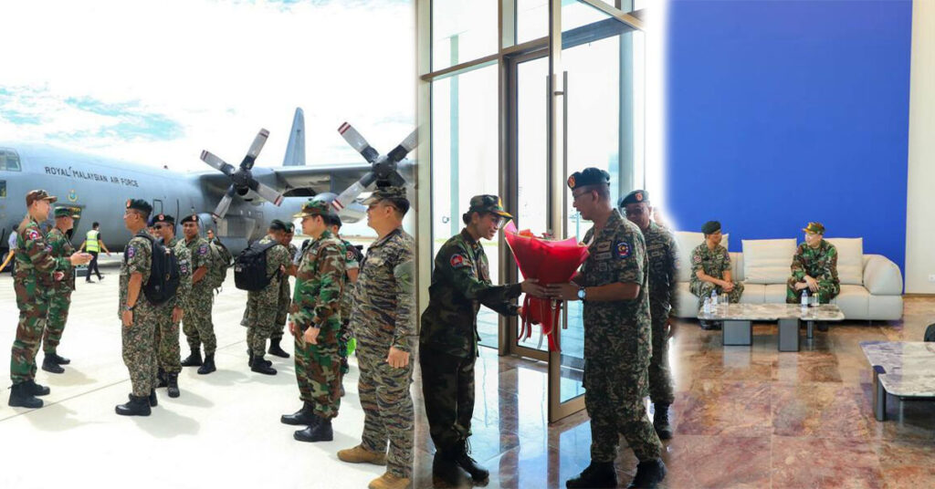 ក្រុមអ្នកសង្កេតកាណ៍អន្តរកាល (IOT) ដឹកនាំដោយ ឧត្តមសេនីយ៍ត្រី Dato’ Pahlawan Asri bin Shukor និងតំណាងមកពីប្រទេសម៉ាឡេស៊ី ឥណ្ឌូនេស៊ី និងហ្វីលីពីន អញ្ជើញមកដល់អាកាសយាន្តដ្ឋានអន្តរជាតិតេជោ