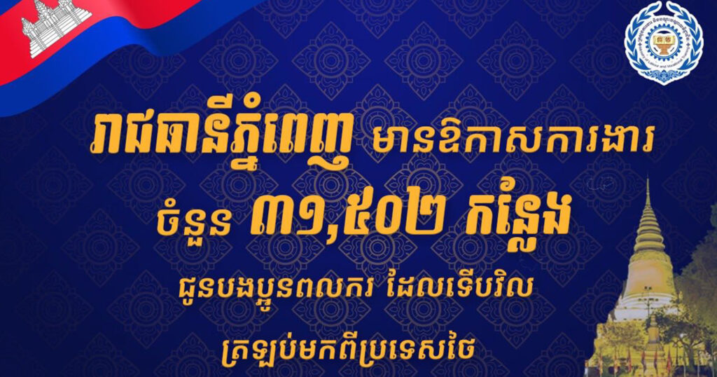 ឱកាសការងារចំនួន ៣១,៥០២ កន្លែង នៅរាជធានីភ្នំពេញ កំពុងរង់ចាំបងប្អូនប្រជាពលរដ្ឋដែលកំពុងស្វែងរកការងារធ្វើ ជាពិសេសបងប្អូនពលករដែលទើបវិលត្រឡប់មកពីប្រទេសថៃ