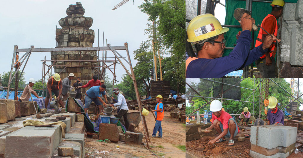 ជាងចម្លាក់នៅប្រាសាទមេបុណ្យខាងលិច ខិតខំអស់ពីសមត្ថភាពឆ្លាក់ក្បាច់តាមទ្រង់ទ្រាយដើម ទុកជាកេរដំណែលរយឆ្នាំបន្តទៀត