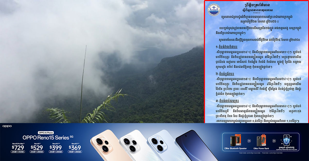 របបខ្យល់មូសុងឦសាន ធ្វើឱ្យកម្ពុជាមានសីតុណ្ហភាព ១៧ ដល់ ១៩អង្សាសេ ចាប់ពីថ្ងៃនេះ ដល់ថ្ងៃទី ២៥ ខែមករា