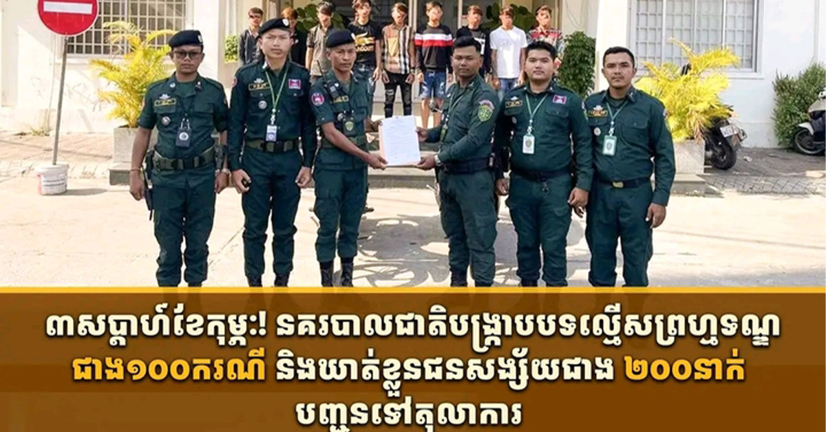 ៣សប្តាហ៍ខែកុម្ភៈ! នគរបាលជាតិបង្ក្រាបបទល្មើសព្រហ្មទណ្ឌជាង១០០ករណី និងឃាត់ខ្លួនជនសង្ស័យជាង ២០០នាក់ បញ្ជូនទៅតុលាការ