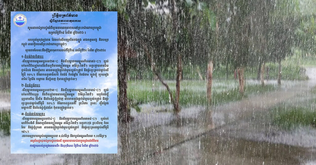 ក្រសួងធនធានទឹក និងឧតុនិយមជូនដំណឹងថា កម្ពុជាអាចមានភ្លៀងធ្លាក់ជាមួយខ្យល់កន្ត្រាក់ និងផ្គររន្ទះ ចាប់ពីថ្ងៃទី១៨ ដល់ថ្ងៃទី២០ ខែមីនា