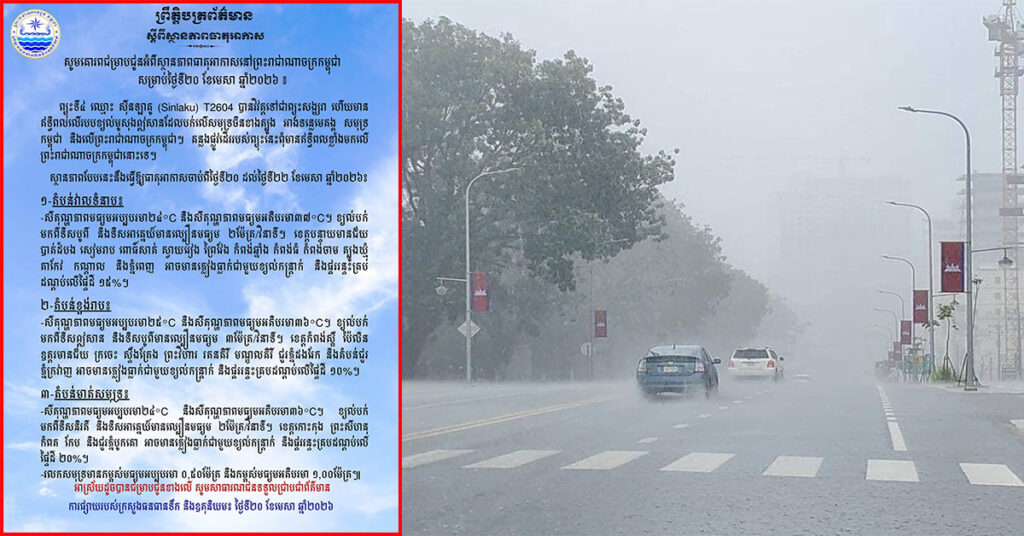 សូមប្រុងប្រយ័ត្ន! កម្ពុជា ទទួលរងឥទ្ធិពលពី ព្យុះទី ៤ «ស៊ីនឡាគូ» ហើយបានវិវត្តទៅជាព្យុះសង្ឃរា ដែលបណ្ដាឱ្យភ្លៀងធ្លាក់ ខ្យល់កន្ត្រាក់ និងផ្គររន្ទះ