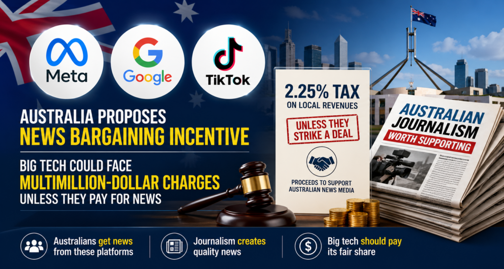 អូស្រ្តាលីគ្រោងគិតពន្ធ ២,២៥% នៃប្រាក់ចំណេញរបស់ក្រុមហ៊ុនបច្ចេកវិទ្យាធំៗ បើក្រុមហ៊ុនទាំងនោះមិនព្រមផ្តល់ប្រាក់ខ្លះឱ្យទៅក្រុមហ៊ុនសារព័ត៌មានក្នុងស្រុក